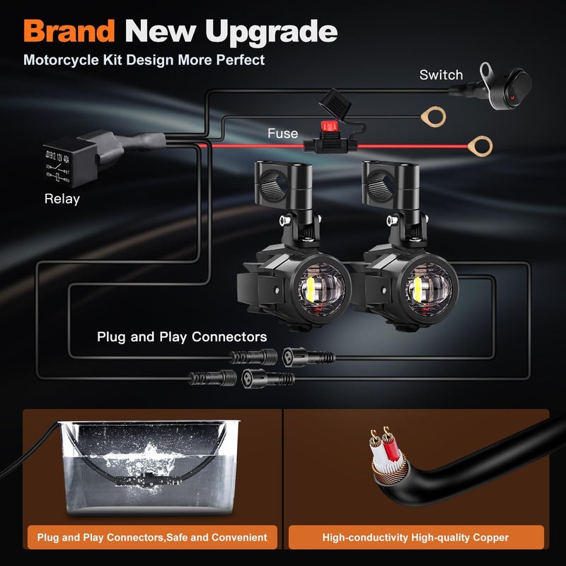 LEDMIRCY Motorcycle Auxiliary Lights, Exploradoras LED para Moto with Switch Wiring Harness Kit Motorcycle Fog Lights IP68 Waterproof Driving Spot Light with Mount Brackets for ATV UTV Snowmobile - Image 3